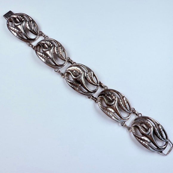 Vintage Large Art Nouveau Flower Danecraft Panel Sterling Silver 925 Bracelet - Picture 1 of 7